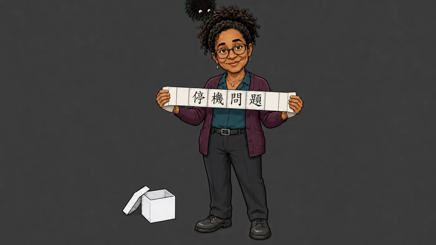 picture: a cartoon computer scientist holding out a strip of Turing tape reading 停機問題 — the halting problem — the open box at her feet | picture: Sili, small in the distance, along the top, half above the top edge, moving left