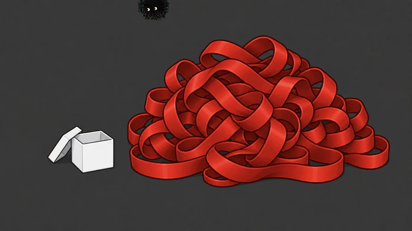 picture: a tiny open white box beside a mountain of red ribbon that could never have come out of it | picture: Sili, small in the distance, along the top, half above the top edge, moving left