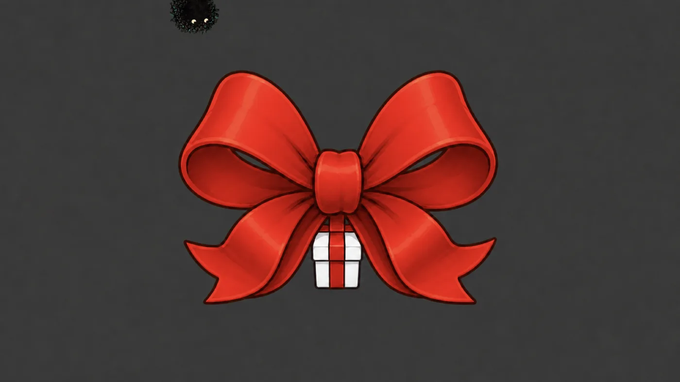 picture: an enormous red bow with a very small white box somewhere inside it | picture: Sili, small in the distance, in the top left, half above the top edge, moving left