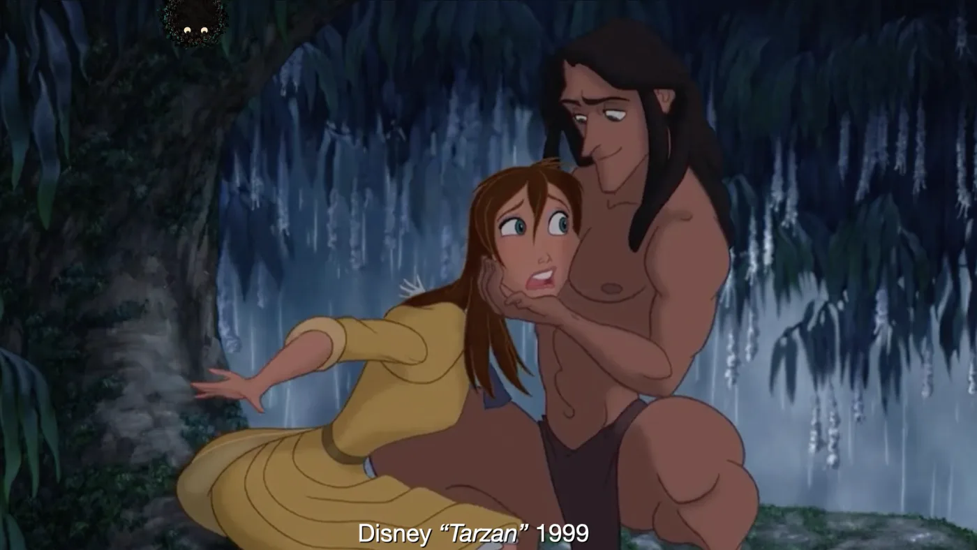 Disney “Tarzan” 1999 | picture: Disney's Tarzan cupping Jane's face in one hand while she recoils, eyes wide | picture: Sili, small in the distance, in the top left, half above the top edge, moving left