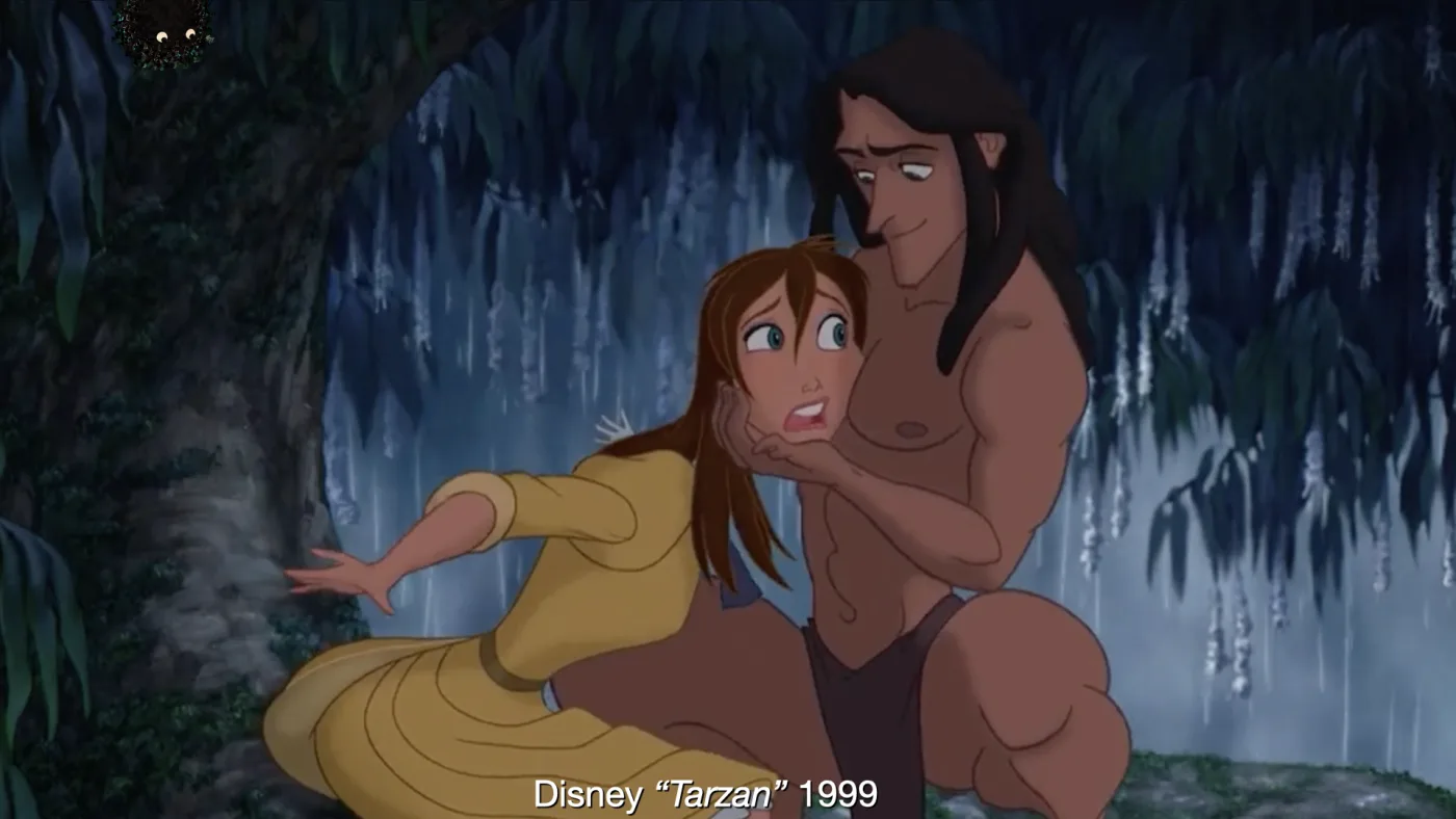 Disney “Tarzan” 1999 | picture: Disney's Tarzan cupping Jane's face in one hand while she recoils, eyes wide | picture: Sili, small in the distance, in the top left, half above the top edge, moving left