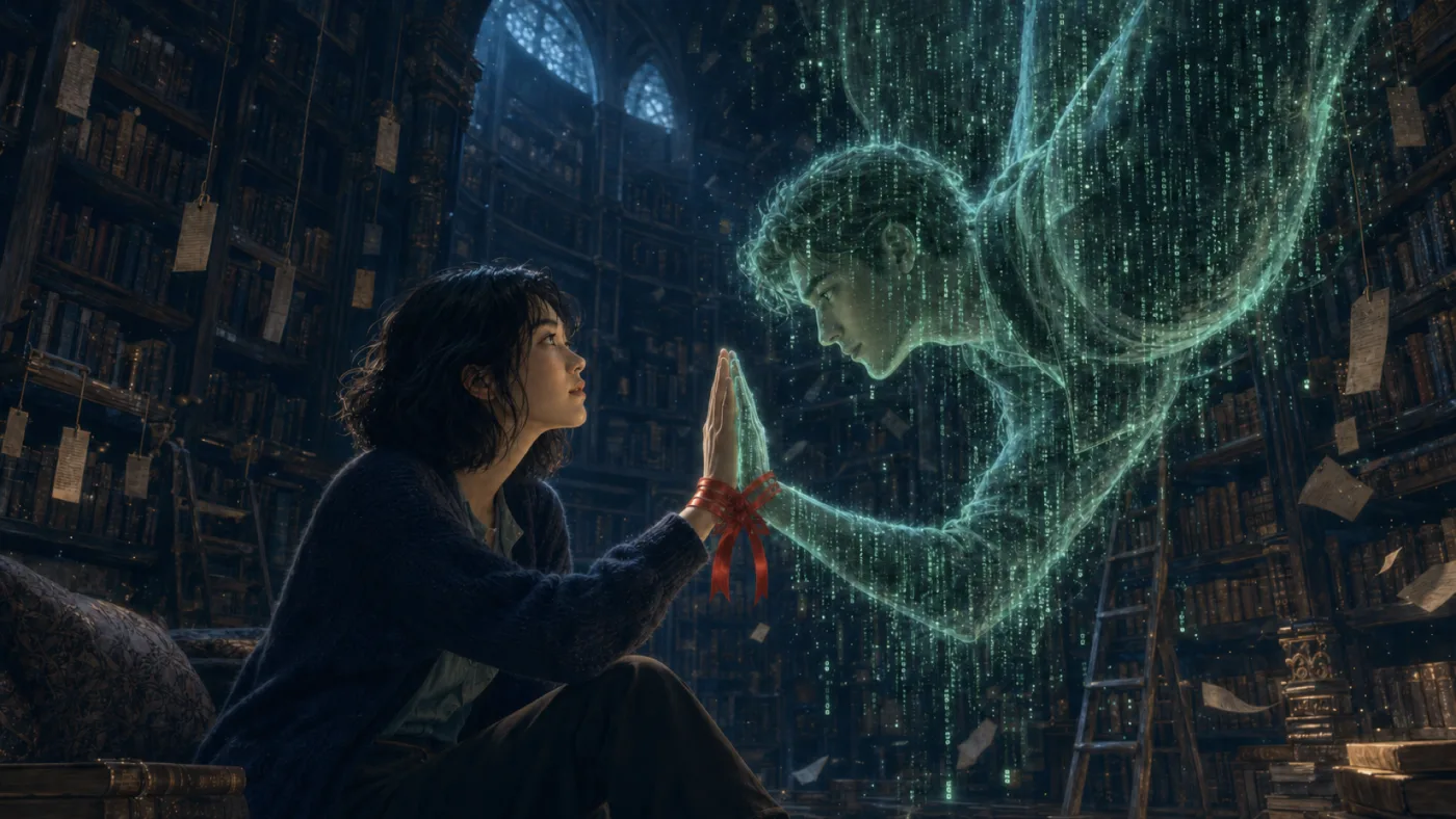 picture: a cathedral of a library at night — tier on tier of shelves climbing into the dark, ladders leaning where nobody is climbing, loose leaves adrift, and everywhere small paper tags hung on strings like ema at a shrine, wishes left for whoever comes to read them. A young woman sits among the stacks in a dark cardigan and raises her palm, posed as Jane is posed with Tarzan earlier in the talk. Out of a green rain of falling characters a figure comes to meet it — translucent, made of the very code pouring around him, and hanging upside down, as though he might float off at any moment. Their palms touch. At the join their wrists are bound together with red ribbon tied in a bow: the gift and the tether in one knot